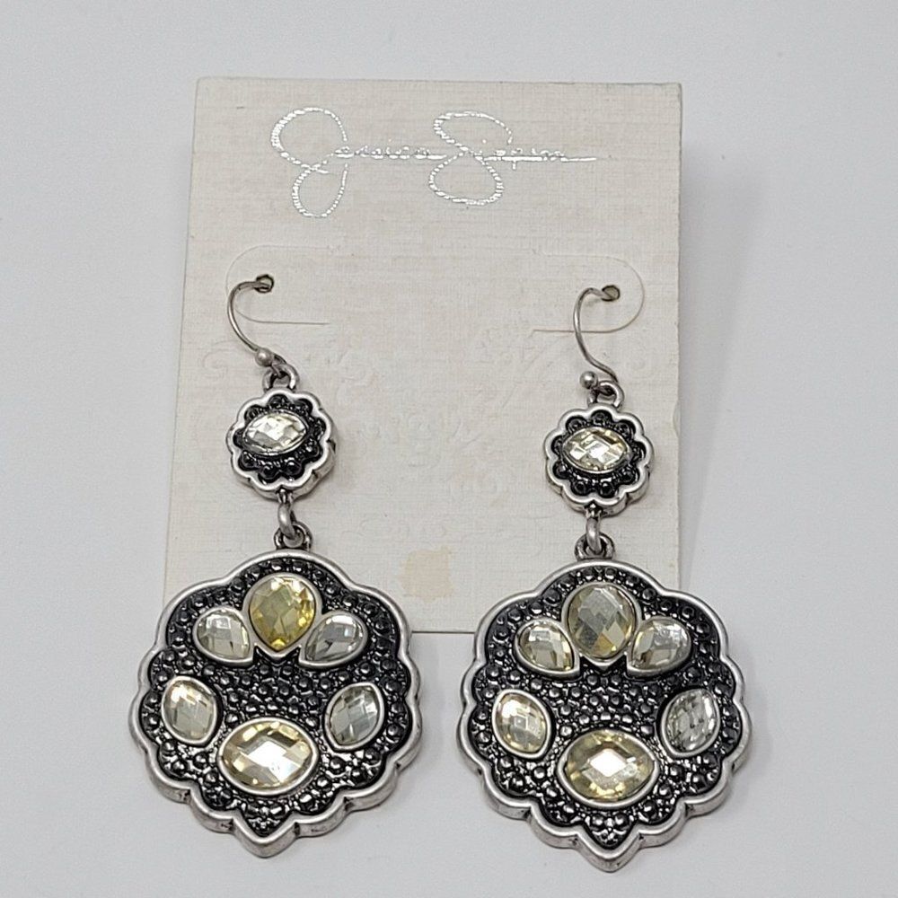 Jessica Simpson Silver Tone Rhinestone‎ Medallion Dangle Earrings Pierced Hook